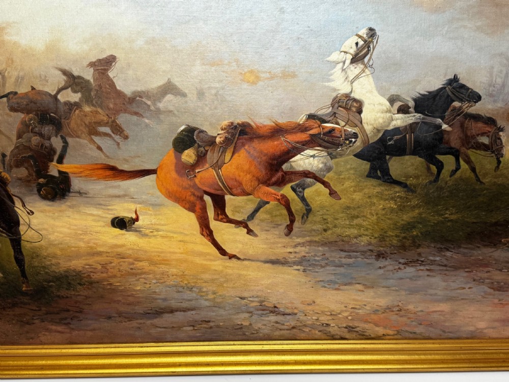An antique framed oil painting on canvas depicting runaway horses across a dusty landscape, housed in a moulded gold gilt frame. View VI
