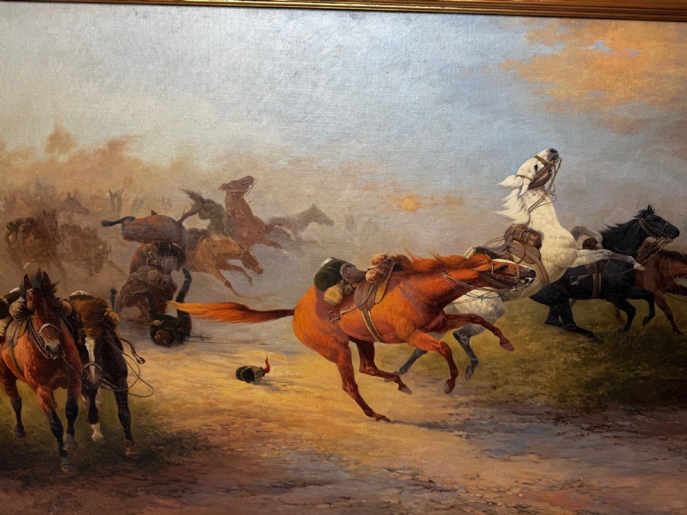 An antique framed oil painting on canvas depicting runaway horses across a dusty landscape, housed in a moulded gold gilt frame. View XVII