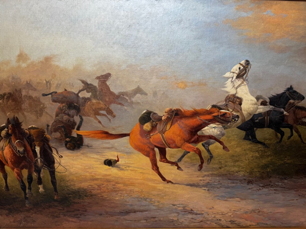 An antique framed oil painting on canvas depicting runaway horses across a dusty landscape, housed in a moulded gold gilt frame. View XVIII