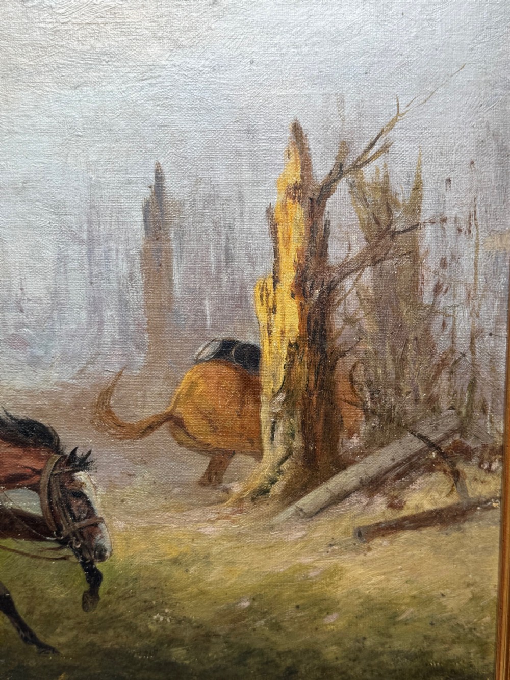 An antique framed oil painting on canvas depicting runaway horses across a dusty landscape, housed in a moulded gold gilt frame. View XIX