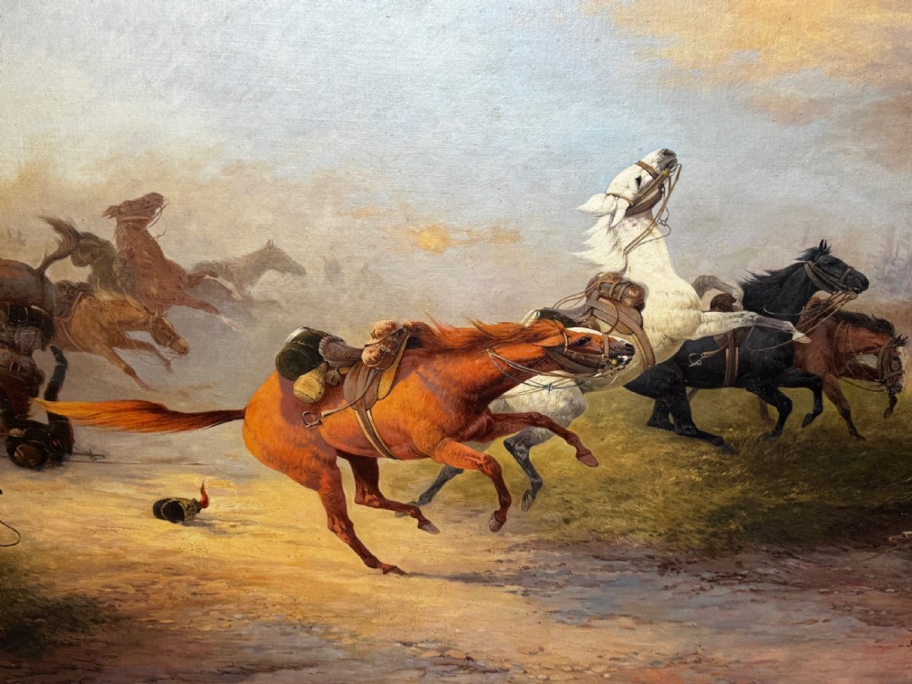 An antique framed oil painting on canvas depicting runaway horses across a dusty landscape, housed in a moulded gold gilt frame. View XXI