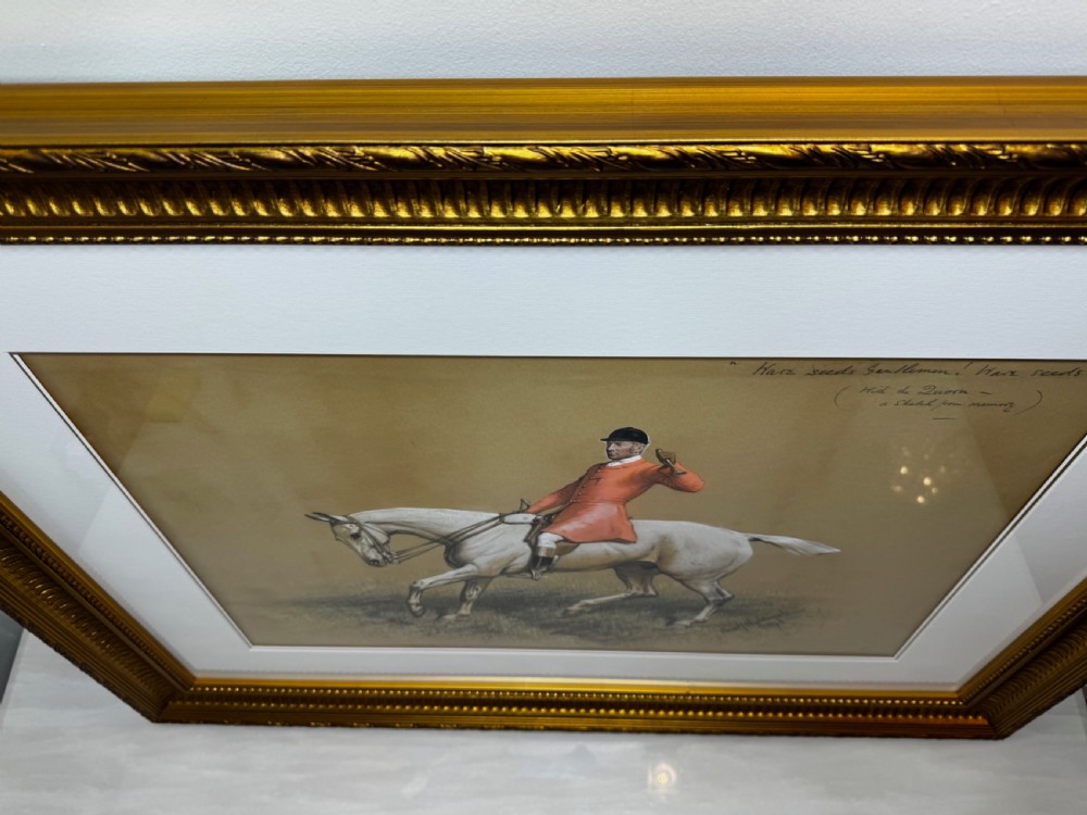 A framed Victorian equestrian painting depicting a huntsman in a red coat riding a grey horse, set within a gilt moulded frame. View VI