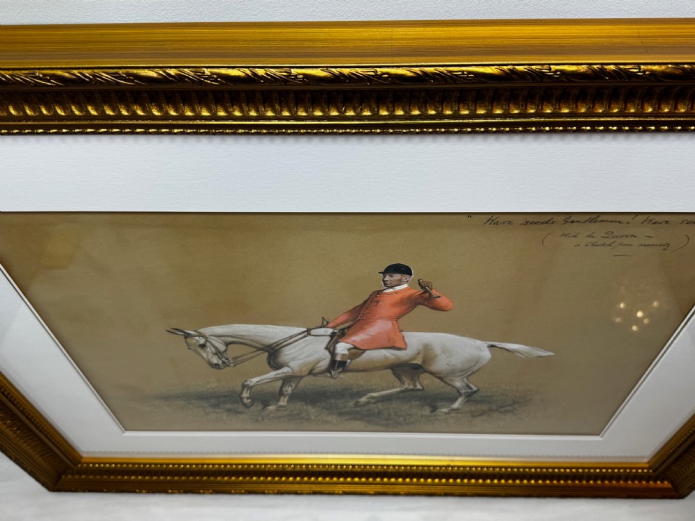 A framed Victorian equestrian painting depicting a huntsman in a red coat riding a grey horse, set within a gilt moulded frame. View VII