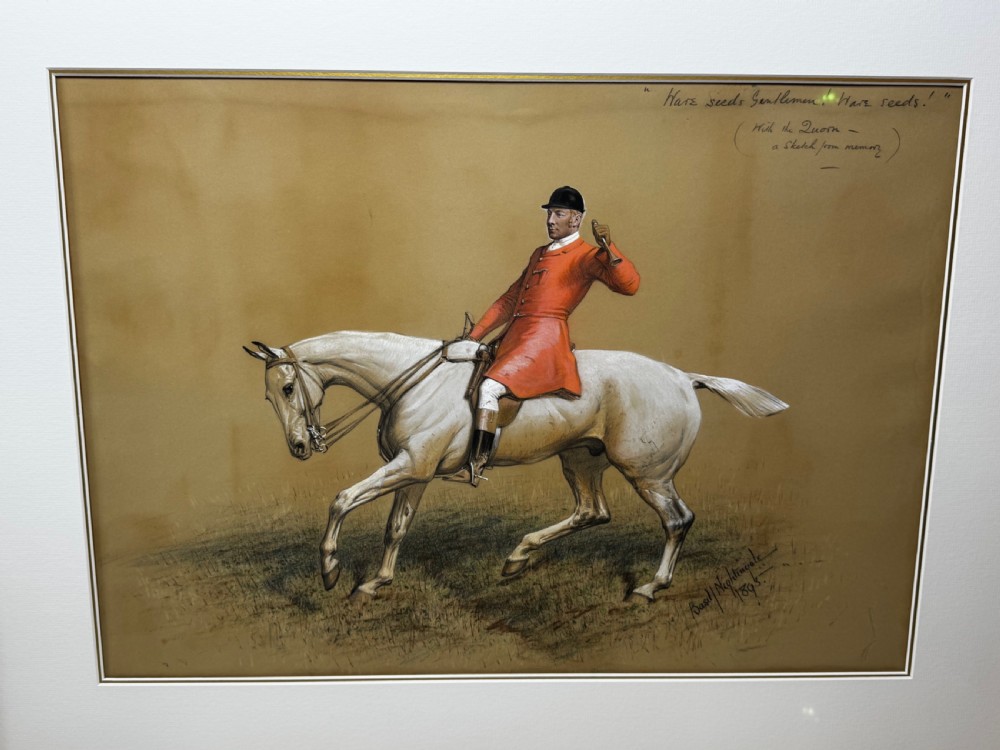 A framed Victorian equestrian painting depicting a huntsman in a red coat riding a grey horse, set within a gilt moulded frame. View XII