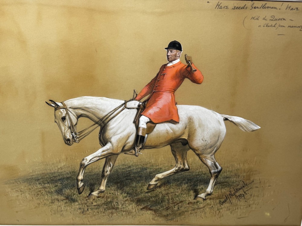A framed Victorian equestrian painting depicting a huntsman in a red coat riding a grey horse, set within a gilt moulded frame. View XIII