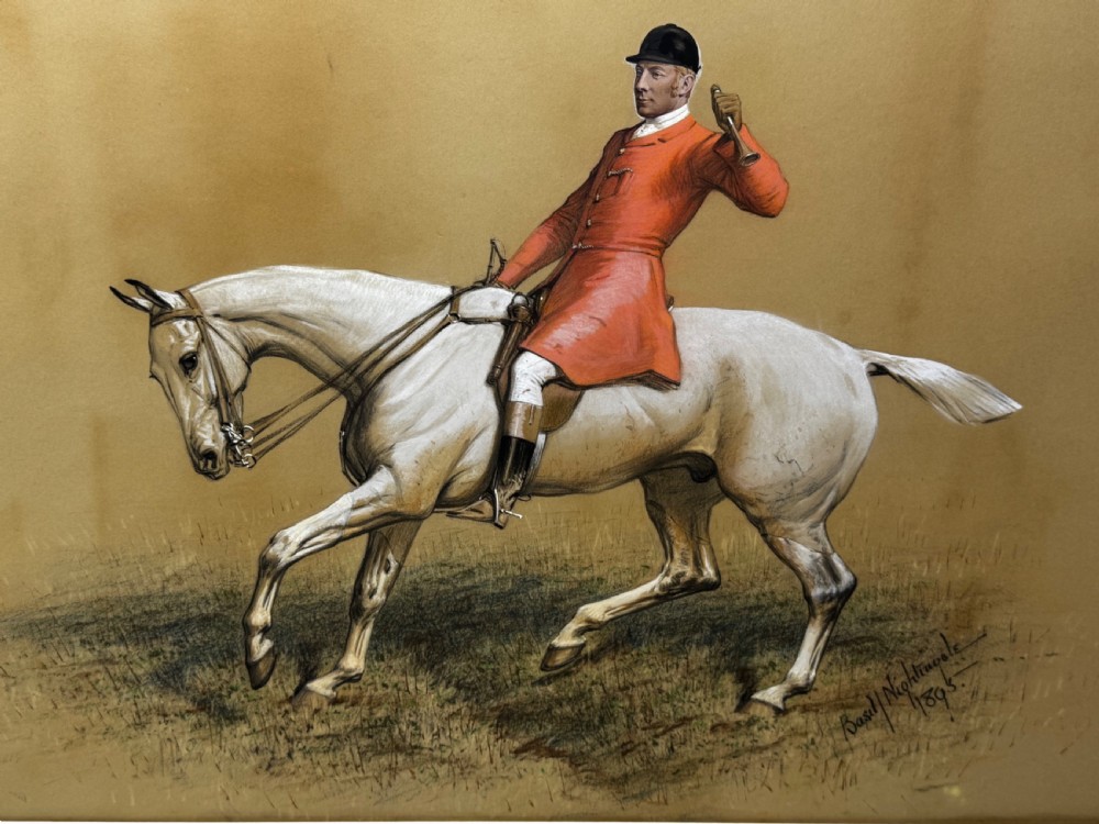 A framed Victorian equestrian painting depicting a huntsman in a red coat riding a grey horse, set within a gilt moulded frame. View XIV