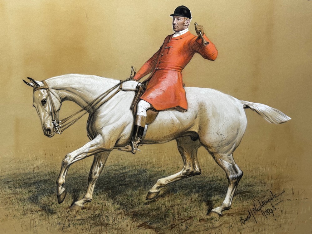 A framed Victorian equestrian painting depicting a huntsman in a red coat riding a grey horse, set within a gilt moulded frame. View XV