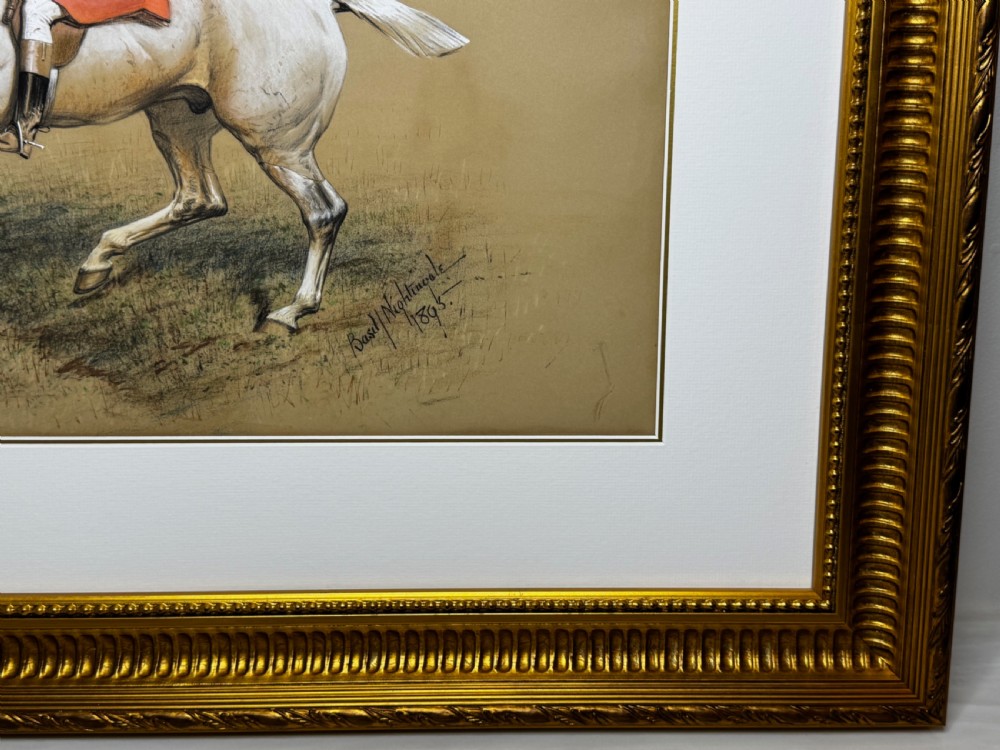 A framed Victorian equestrian painting depicting a huntsman in a red coat riding a grey horse, set within a gilt moulded frame. View XVI