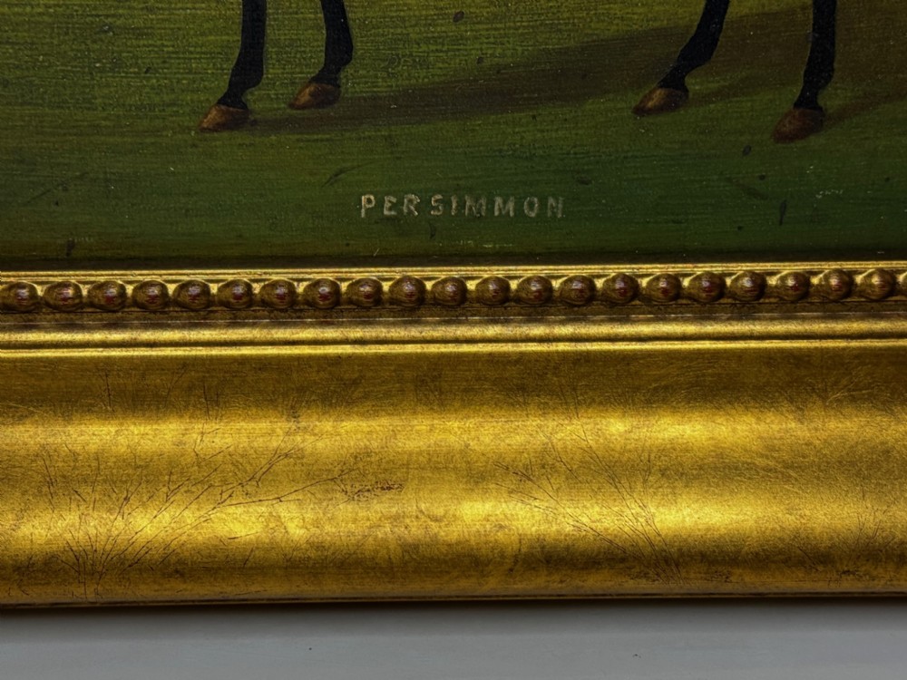 An oil painting depicting a brown thoroughbred racehorse with a jockey in red and blue silks, set within a wide gilded frame. View IV