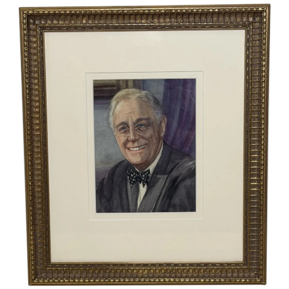 A framed portrait painting depicting Franklin D. Roosevelt set within a broad cream mount and a textured gold-tone wooden frame.