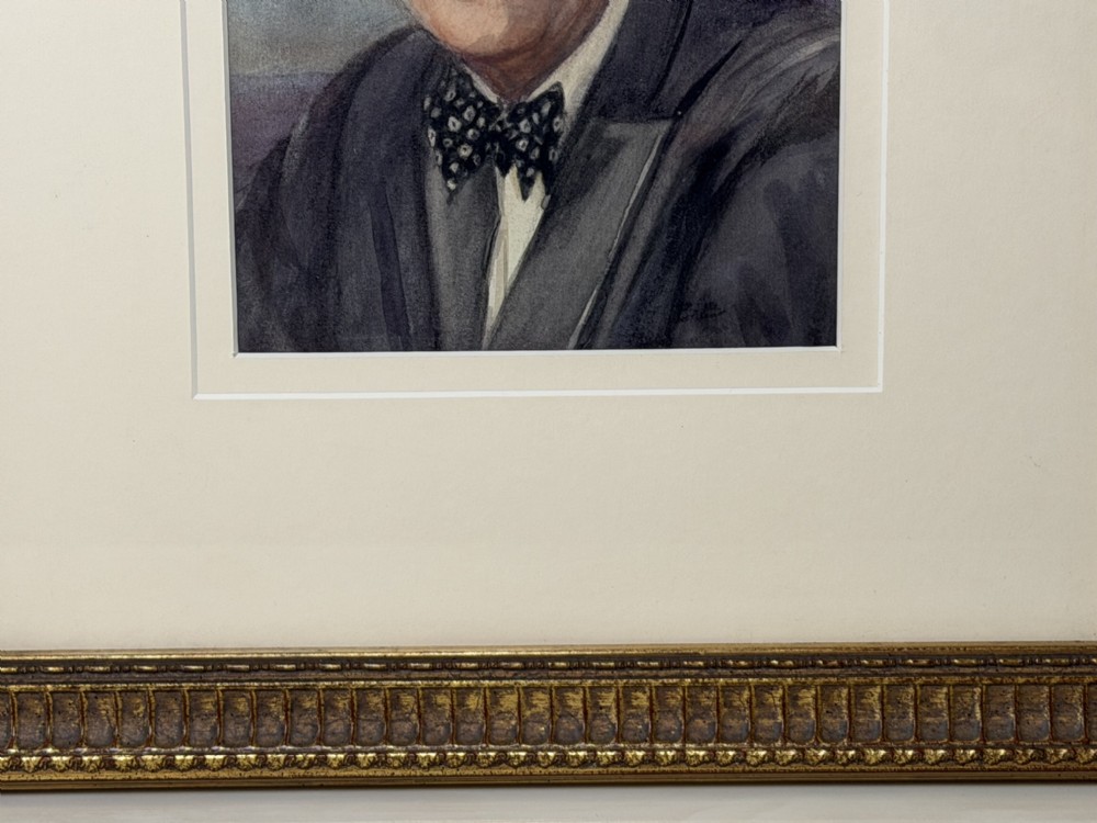 A framed portrait painting depicting Franklin D. Roosevelt set within a broad cream mount and a textured gold-tone wooden frame. View III