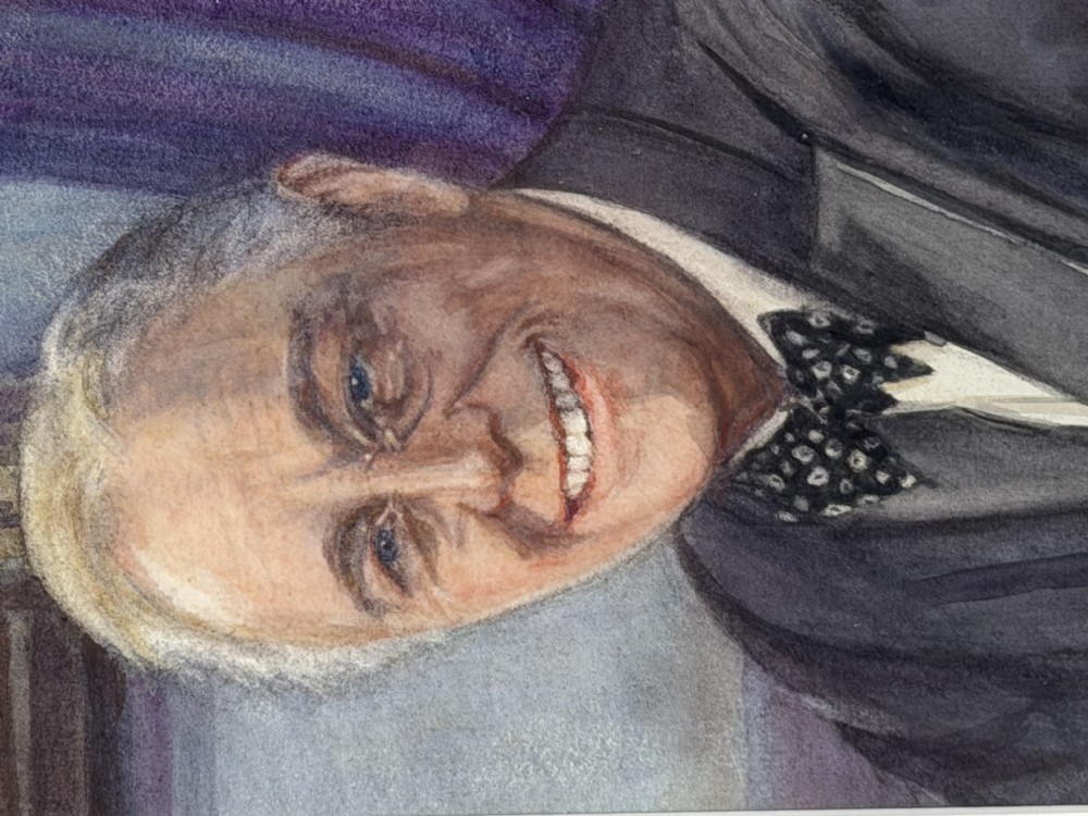 A framed portrait painting depicting Franklin D. Roosevelt set within a broad cream mount and a textured gold-tone wooden frame. View IX