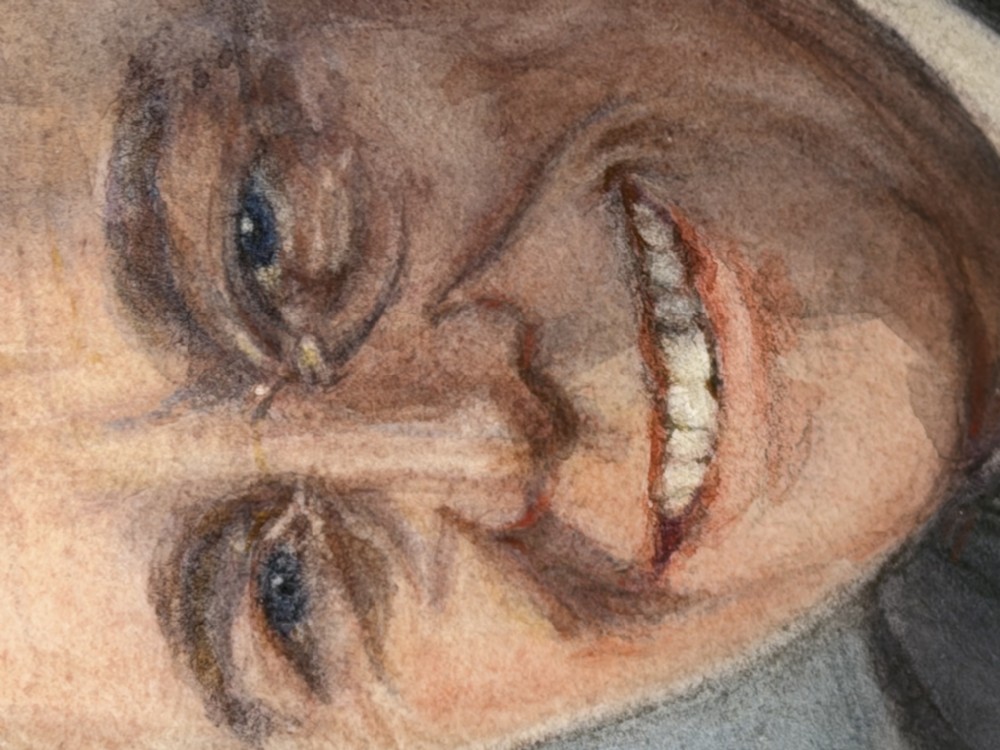 A framed portrait painting depicting Franklin D. Roosevelt set within a broad cream mount and a textured gold-tone wooden frame. View X