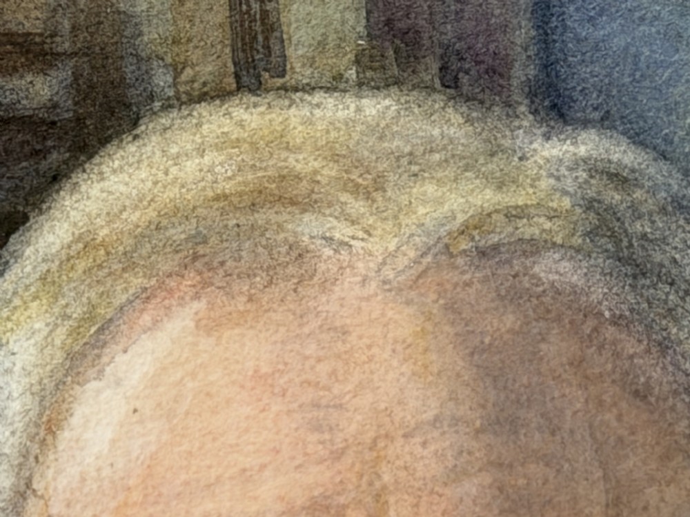 A framed portrait painting depicting Franklin D. Roosevelt set within a broad cream mount and a textured gold-tone wooden frame. View XIII