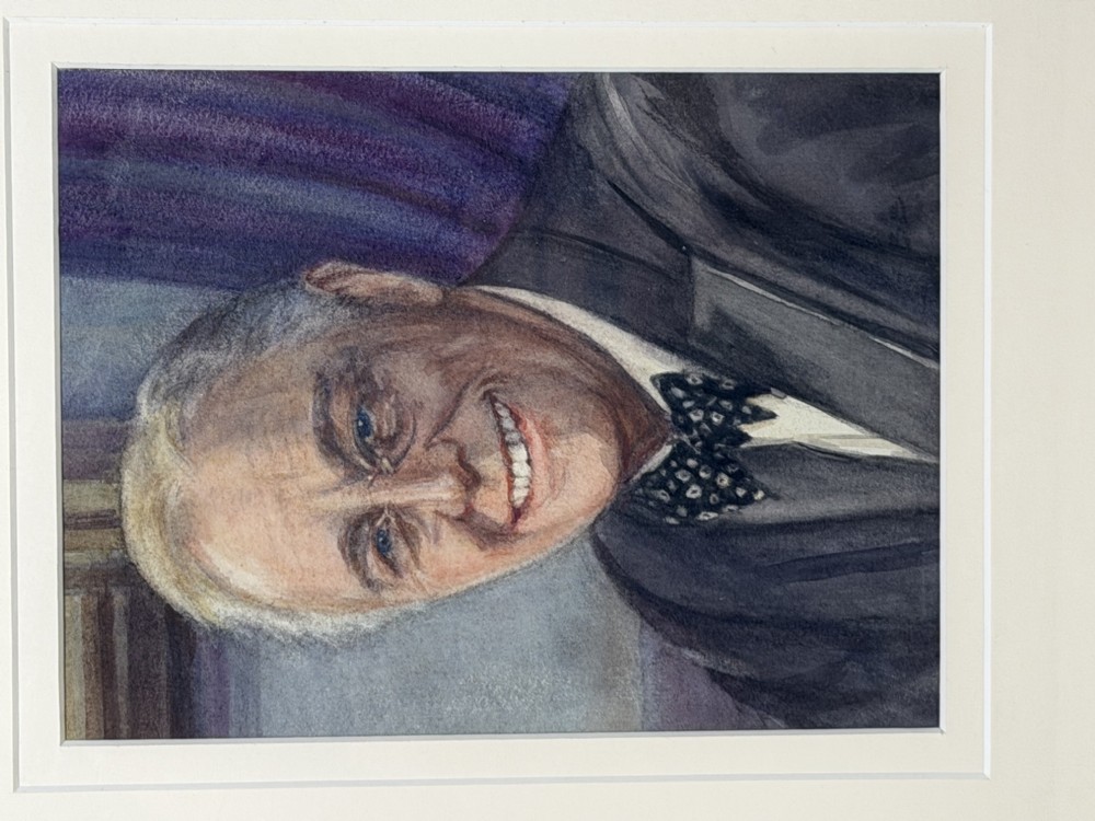A framed portrait painting depicting Franklin D. Roosevelt set within a broad cream mount and a textured gold-tone wooden frame. View XV