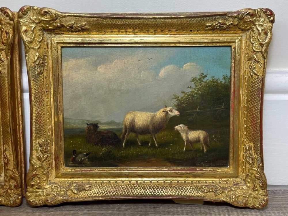 A pair of 19th-century oil paintings in ornate gilt frames depicting sheep, lambs, and goats resting in green pastoral landscapes. View II