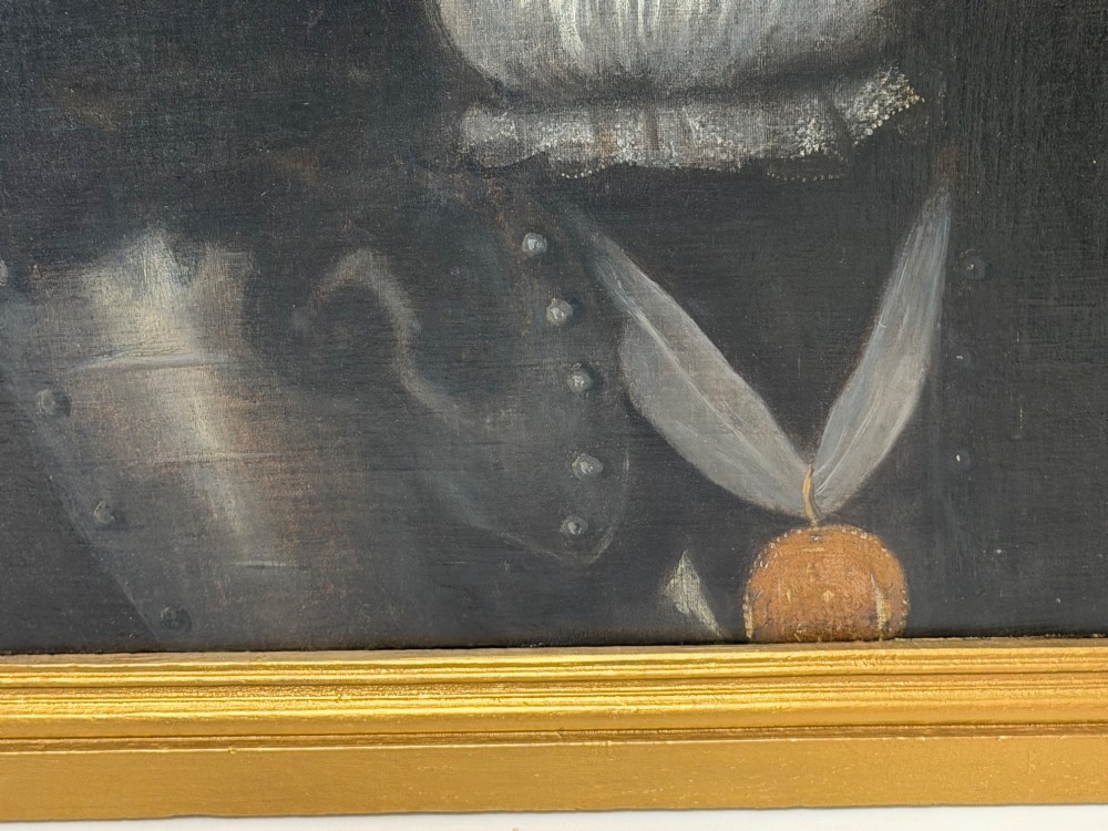 A 19th-century framed oil portrait depicting King Charles II wearing armour, a white lace cravat, and the Order of the Garter medallion against a dark background. View VIII