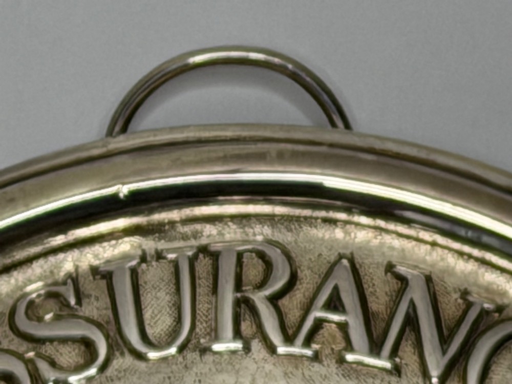 An oval George III sterling silver plaque featuring an embossed relief of Britannia holding a spear beside a shield and harp with embossed text reading London Assurance. View VIII