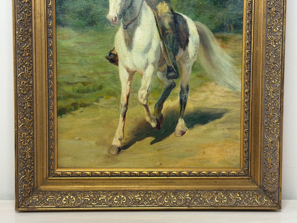 An oil painting depicting a man in a hat and buckskin jacket riding a grey horse along a rural path, set within an ornate gilded wooden frame. View II