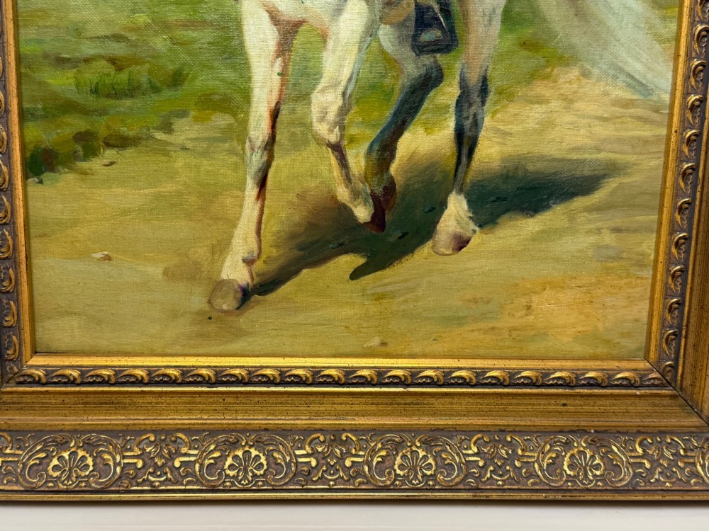 An oil painting depicting a man in a hat and buckskin jacket riding a grey horse along a rural path, set within an ornate gilded wooden frame. View VII