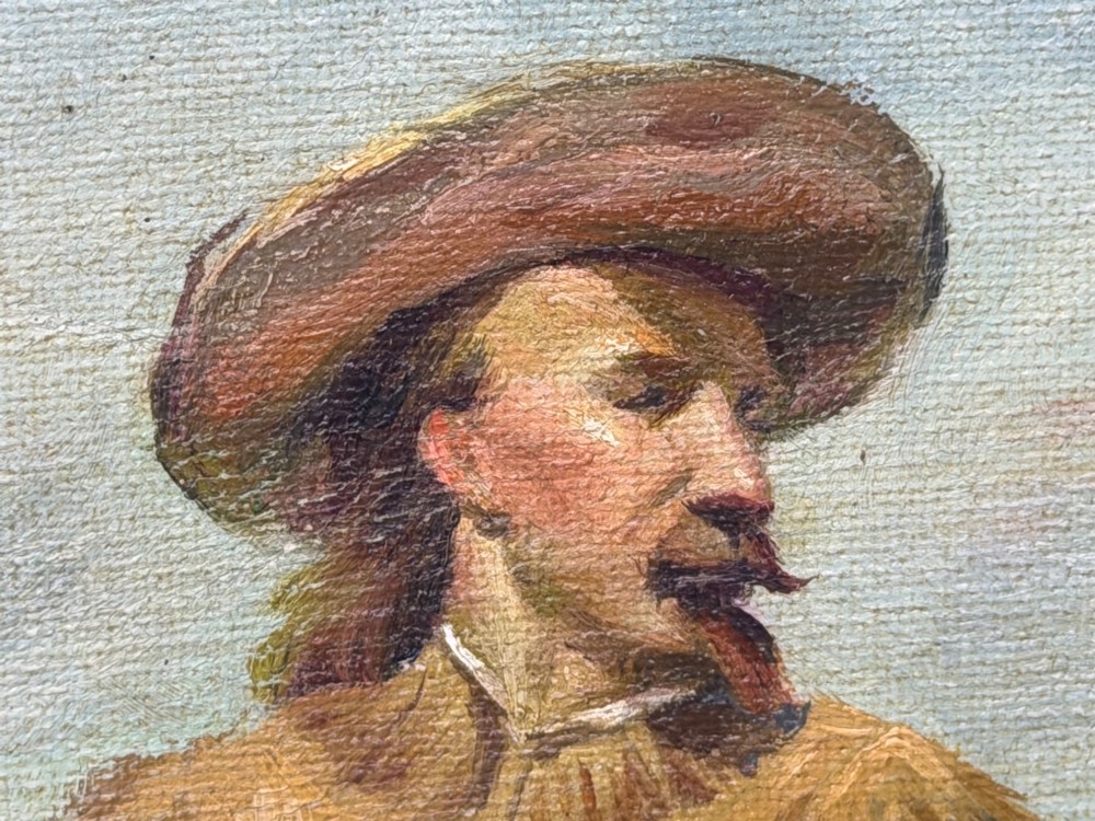 An oil painting depicting a man in a hat and buckskin jacket riding a grey horse along a rural path, set within an ornate gilded wooden frame. View X