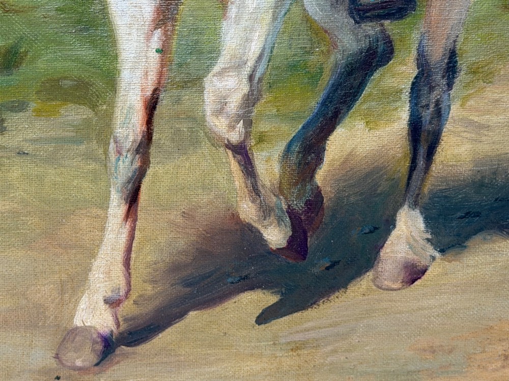 An oil painting depicting a man in a hat and buckskin jacket riding a grey horse along a rural path, set within an ornate gilded wooden frame. View XII