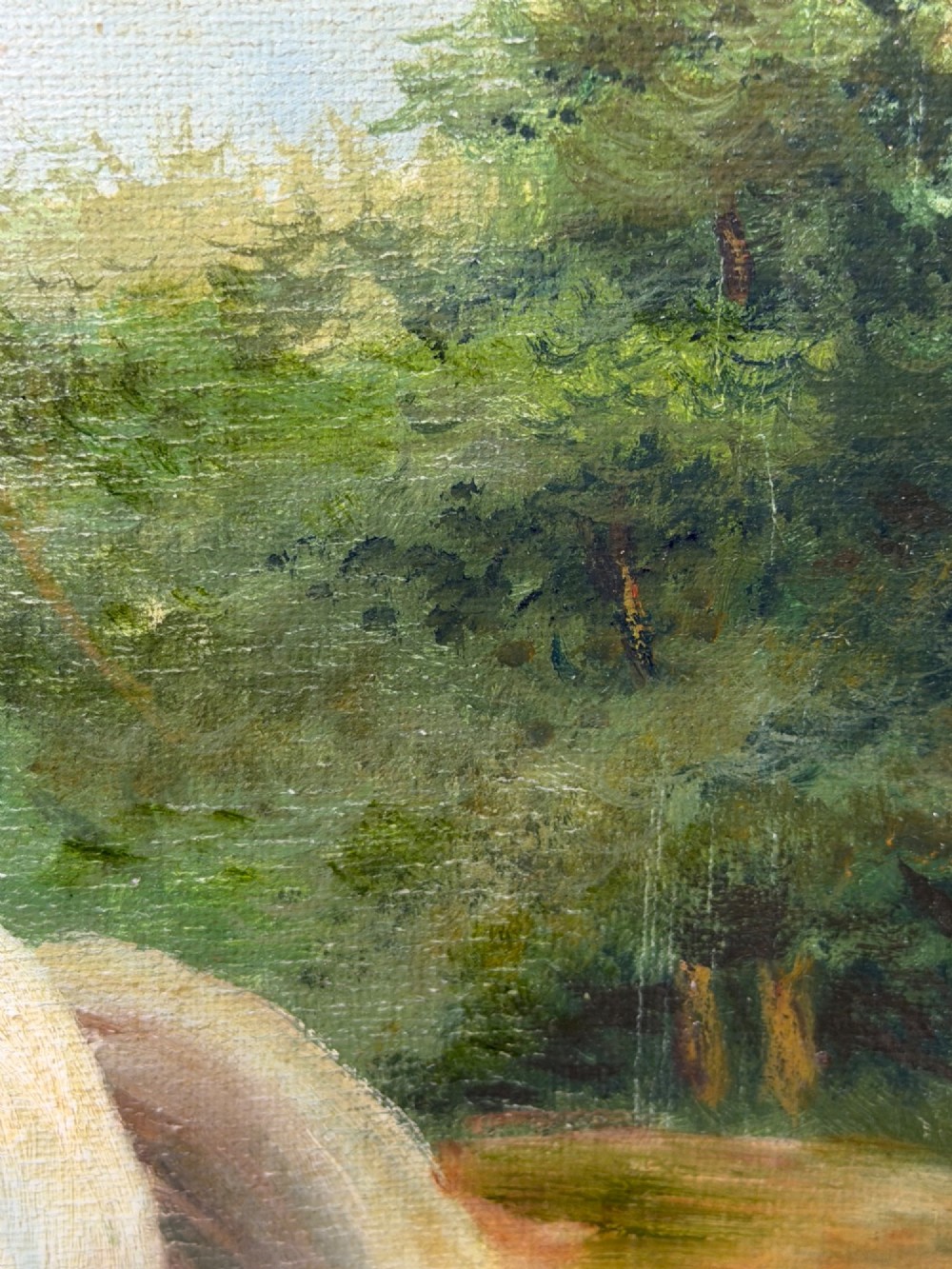 An oil painting depicting a man in a hat and buckskin jacket riding a grey horse along a rural path, set within an ornate gilded wooden frame. View XIII