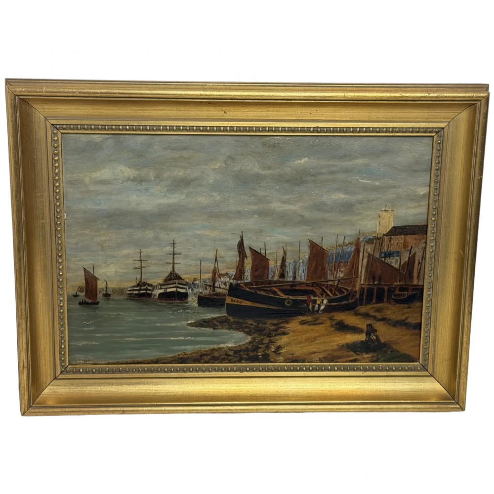 A 19th-century framed oil painting depicting sailing boats in North Shields harbour under an overcast sky.