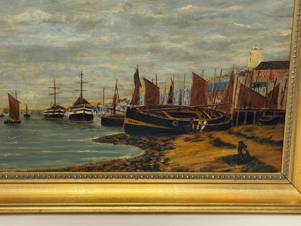 A 19th-century framed oil painting depicting sailing boats in North Shields harbour under an overcast sky. View II