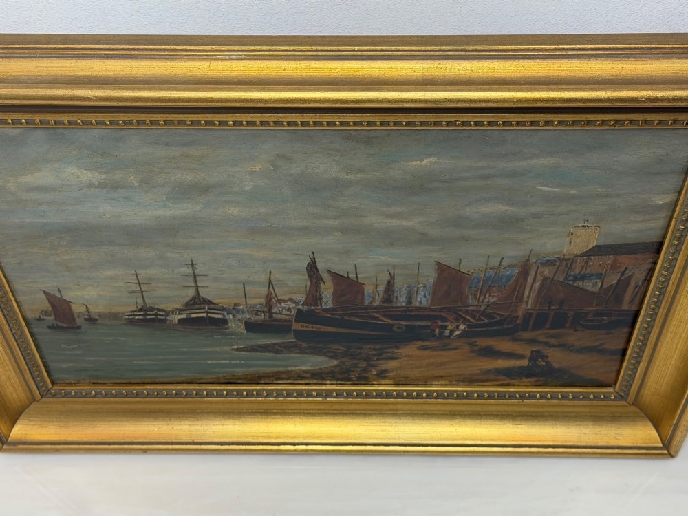 A 19th-century framed oil painting depicting sailing boats in North Shields harbour under an overcast sky. View III