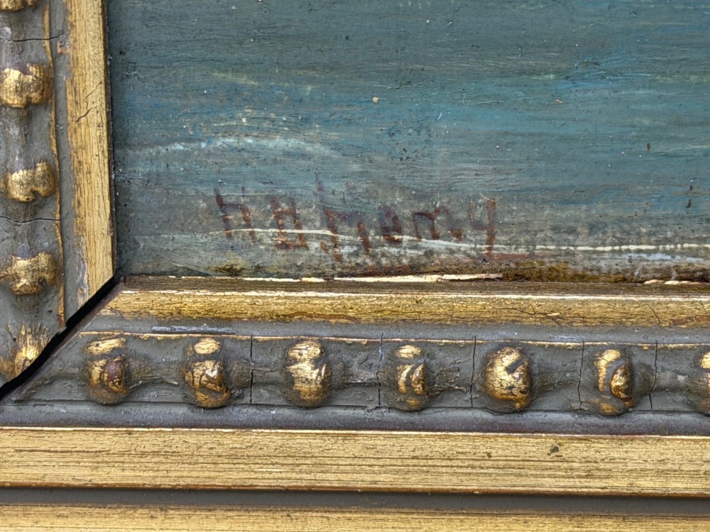 A 19th-century framed oil painting depicting sailing boats in North Shields harbour under an overcast sky. View VI