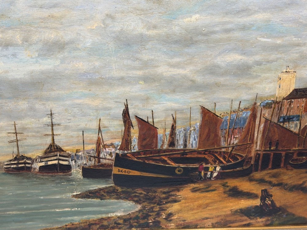 A 19th-century framed oil painting depicting sailing boats in North Shields harbour under an overcast sky. View VII