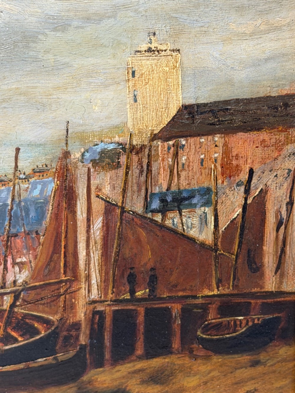 A 19th-century framed oil painting depicting sailing boats in North Shields harbour under an overcast sky. View VIII