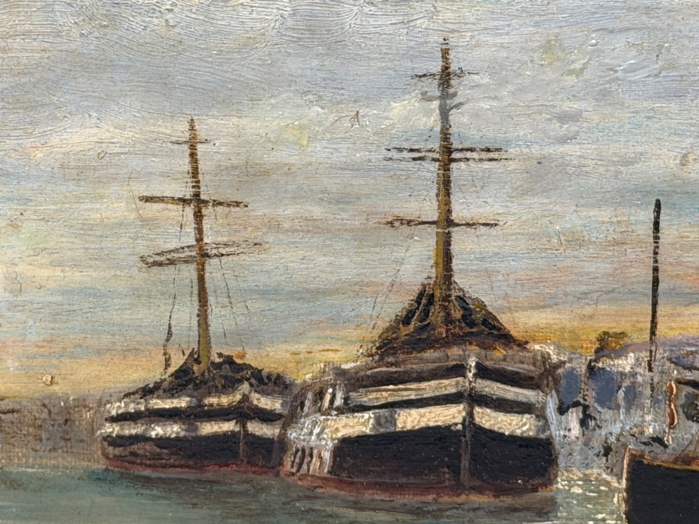A 19th-century framed oil painting depicting sailing boats in North Shields harbour under an overcast sky. View XIV