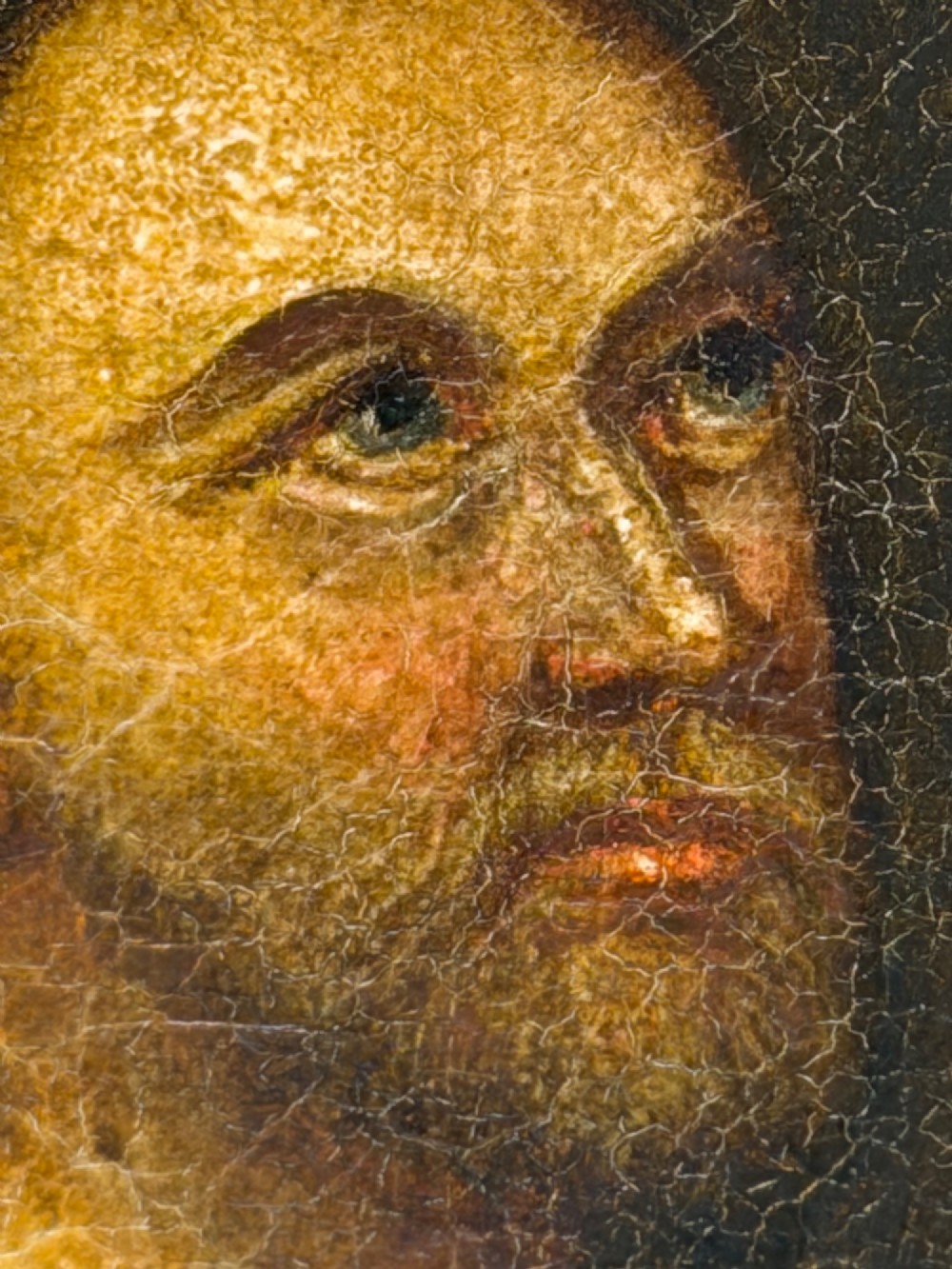 A framed Victorian oil painting depicting Daniel in a red robe seated inside a dark cavern surrounded by lions. View V
