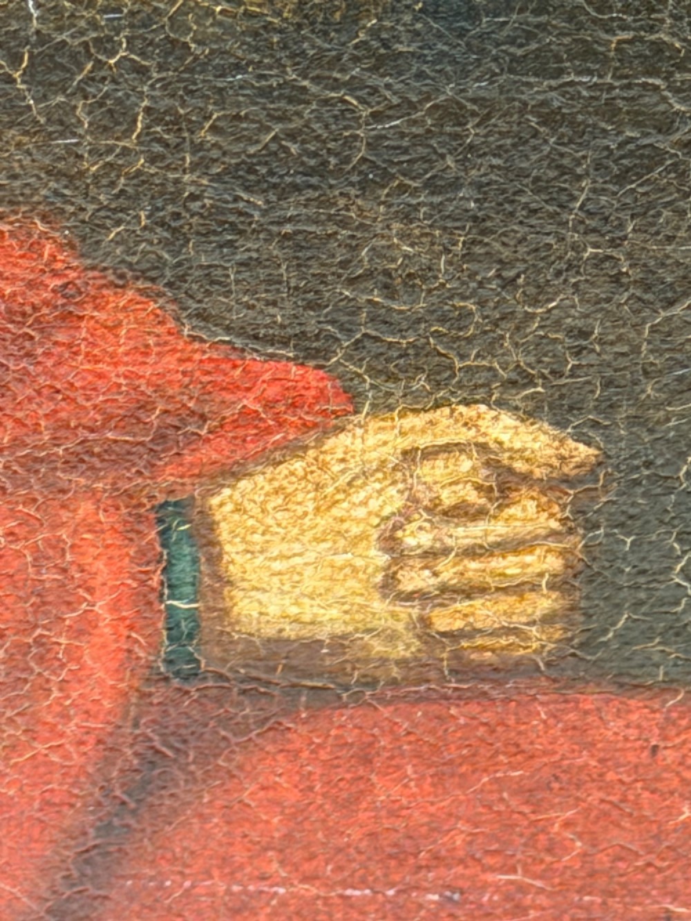 A framed Victorian oil painting depicting Daniel in a red robe seated inside a dark cavern surrounded by lions. View VI