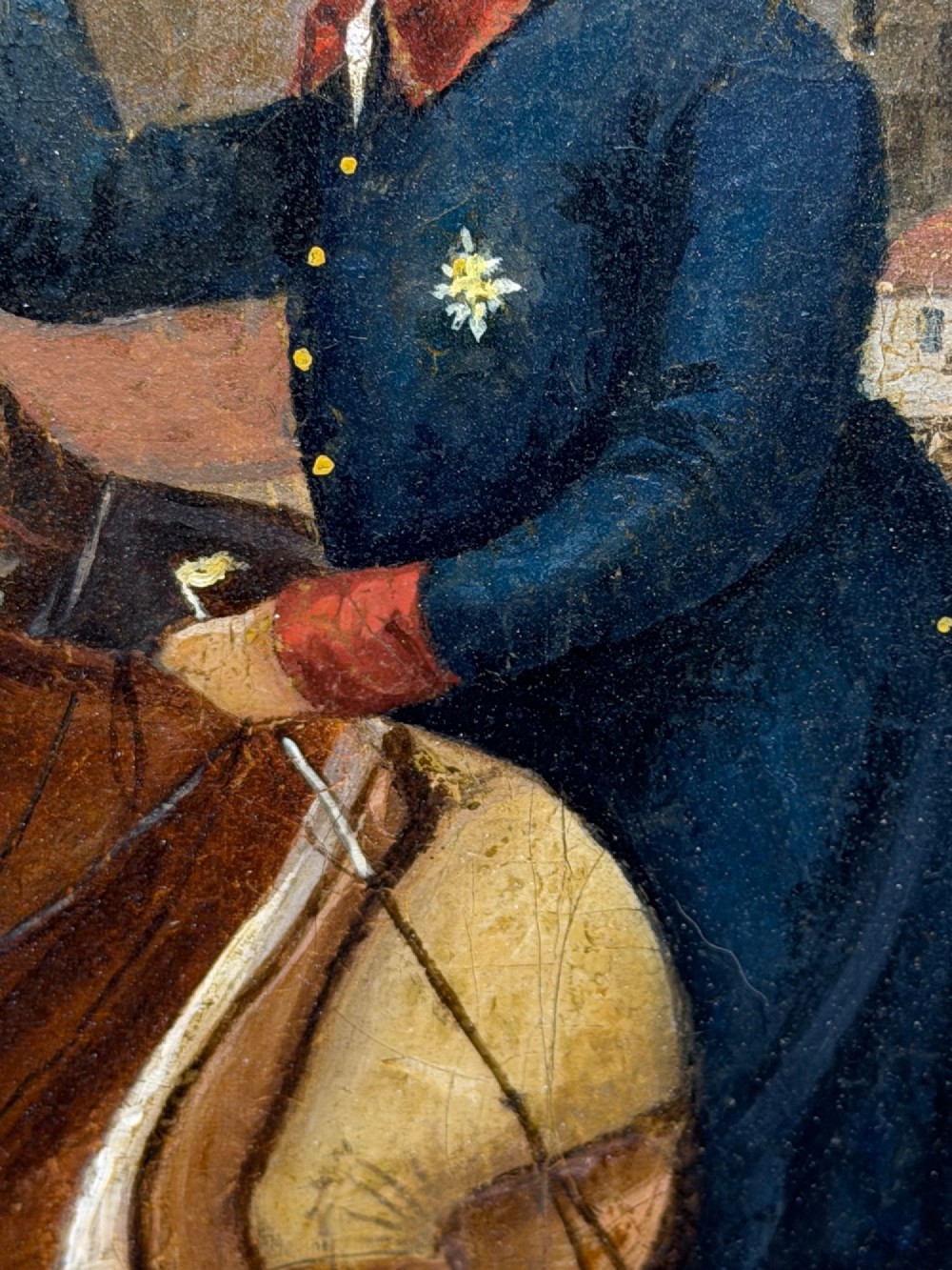 An antique oil painting on canvas depicting King George and hunters on horseback with hounds before Windsor Castle, housed in an ornate carved gilt frame. View XI