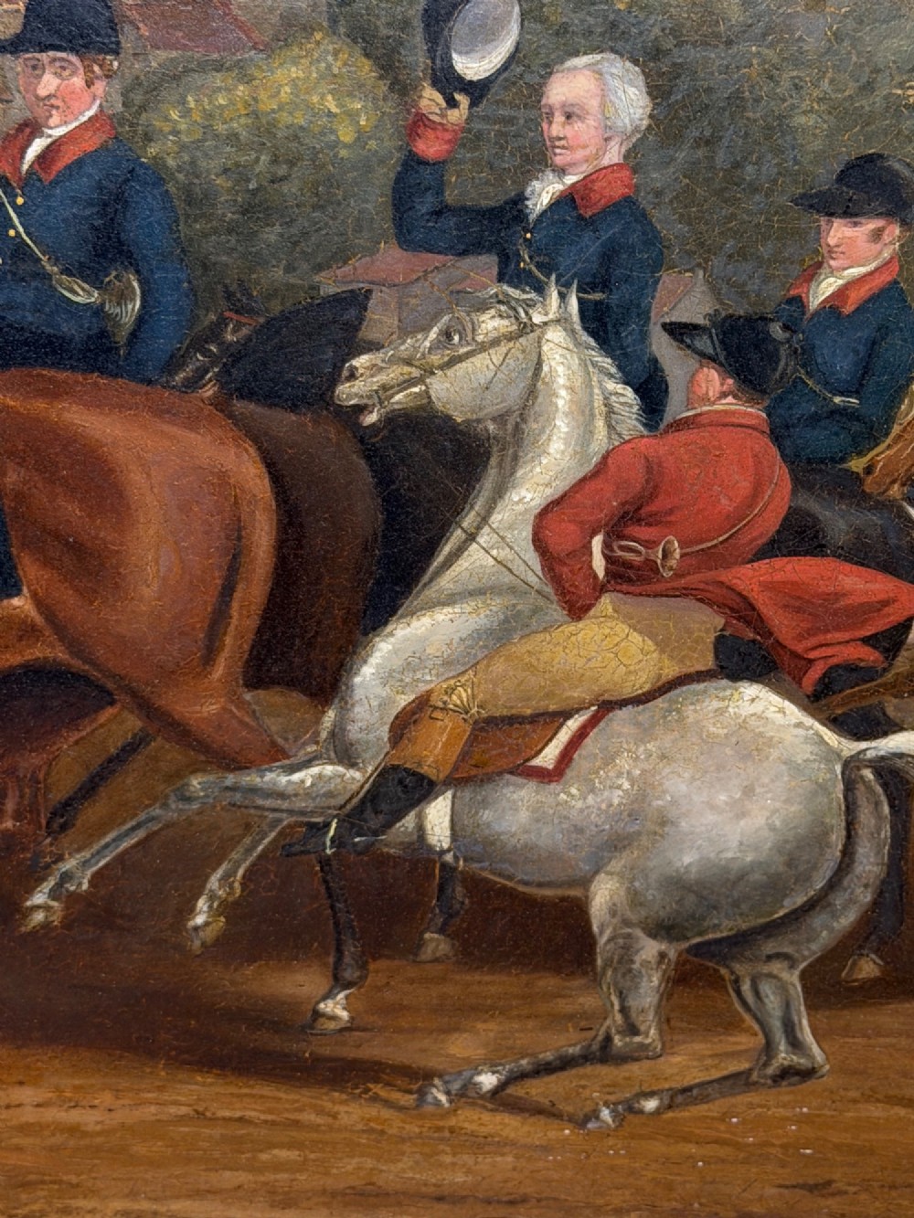 An antique oil painting on canvas depicting King George and hunters on horseback with hounds before Windsor Castle, housed in an ornate carved gilt frame. View XIII
