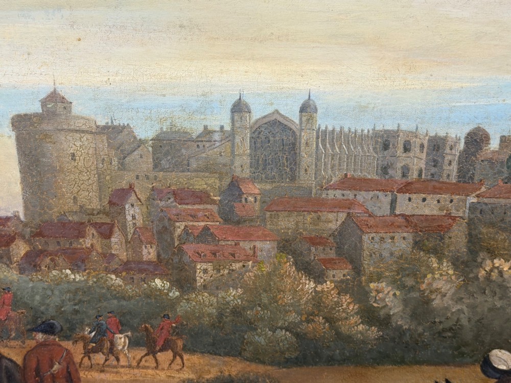 An antique oil painting on canvas depicting King George and hunters on horseback with hounds before Windsor Castle, housed in an ornate carved gilt frame. View XIV