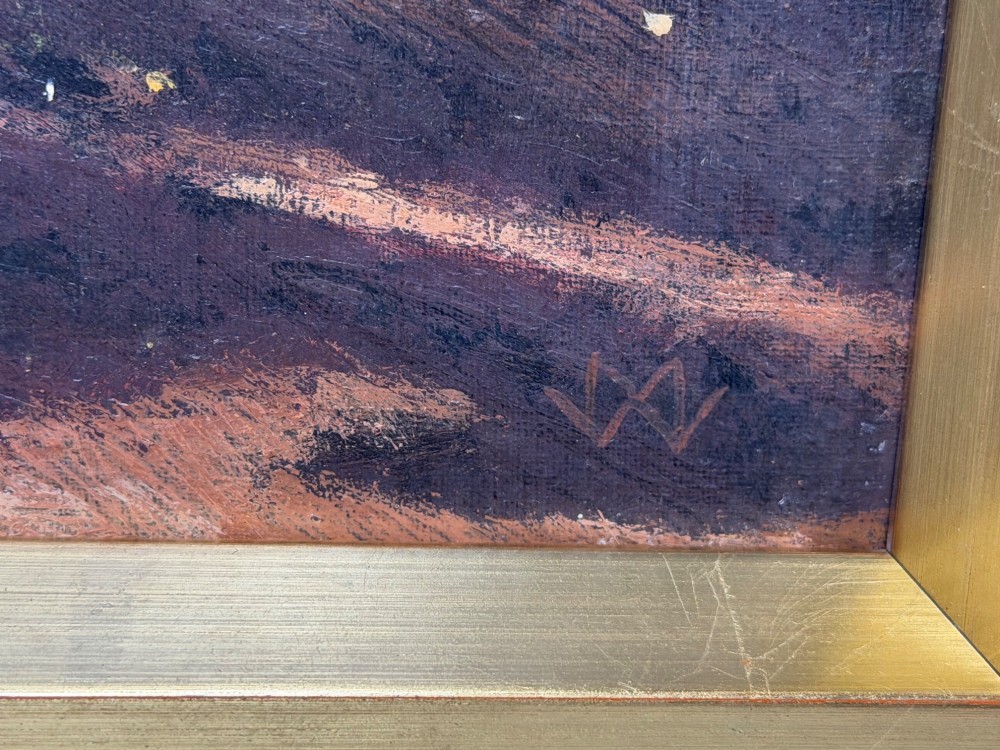 A framed oil painting featuring a grey mare standing beside a young chestnut foal on a grassy coastal headland overlooking the sea. View II