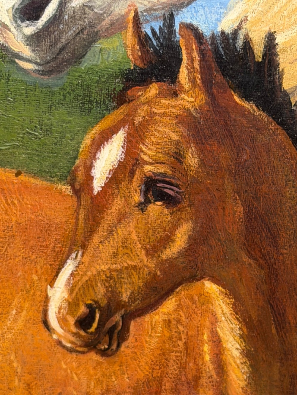 A framed oil painting featuring a grey mare standing beside a young chestnut foal on a grassy coastal headland overlooking the sea. View XIII