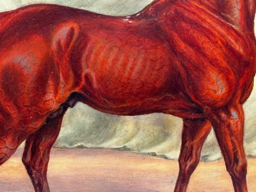 An antique oil painting depicting a chestnut Arabian horse standing in profile against a green draped backdrop within a moulded gold giltwood frame. View VIII