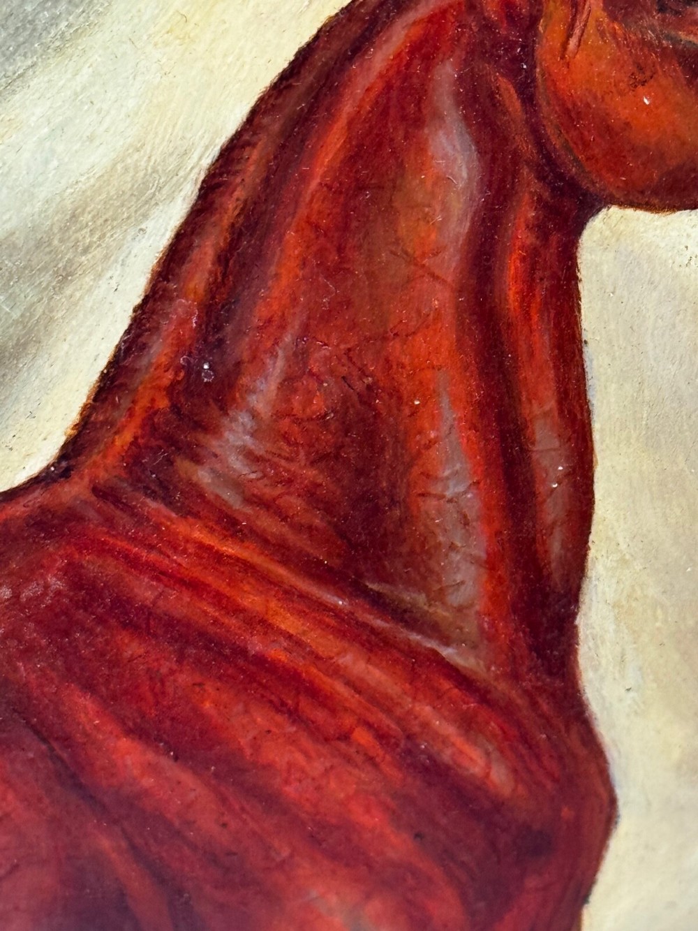 An antique oil painting depicting a chestnut Arabian horse standing in profile against a green draped backdrop within a moulded gold giltwood frame. View XIII
