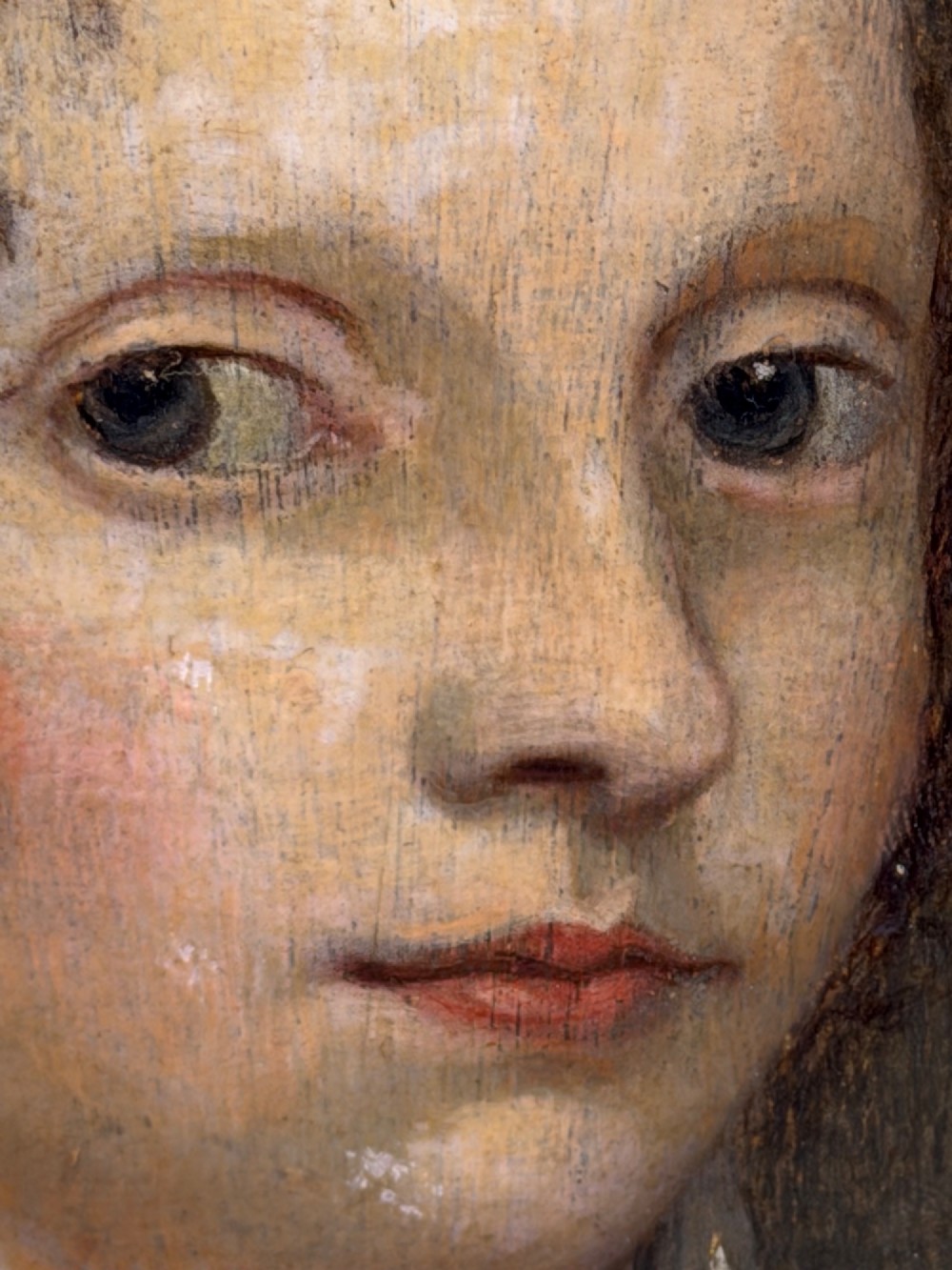 A 17th-century oil portrait painting on an oak panel depicting a woman with dark ringlets and pearl jewellery in a gadrooned gold leaf frame. View X