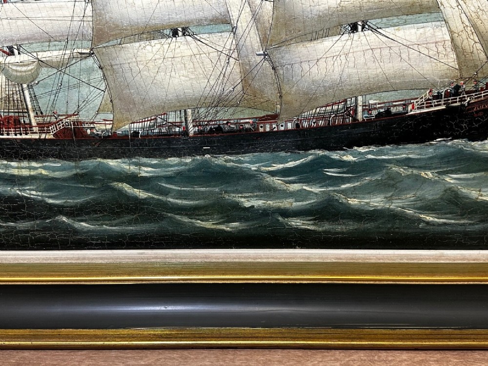 A framed oil painting depicting a full-rigged clipper ship sailing on dark green sea waves under a clouded sky. View IV