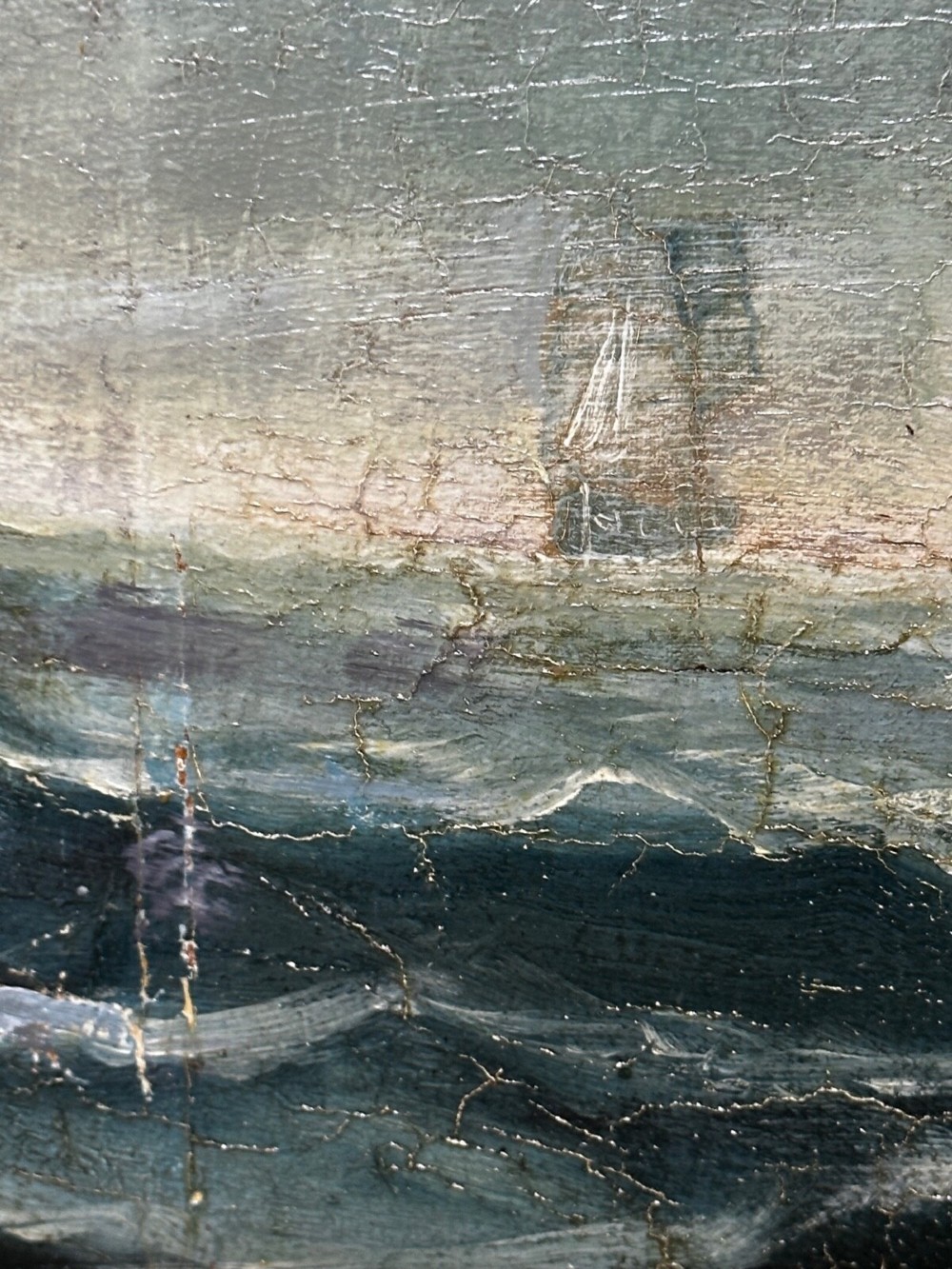 A framed oil painting depicting a full-rigged clipper ship sailing on dark green sea waves under a clouded sky. View V