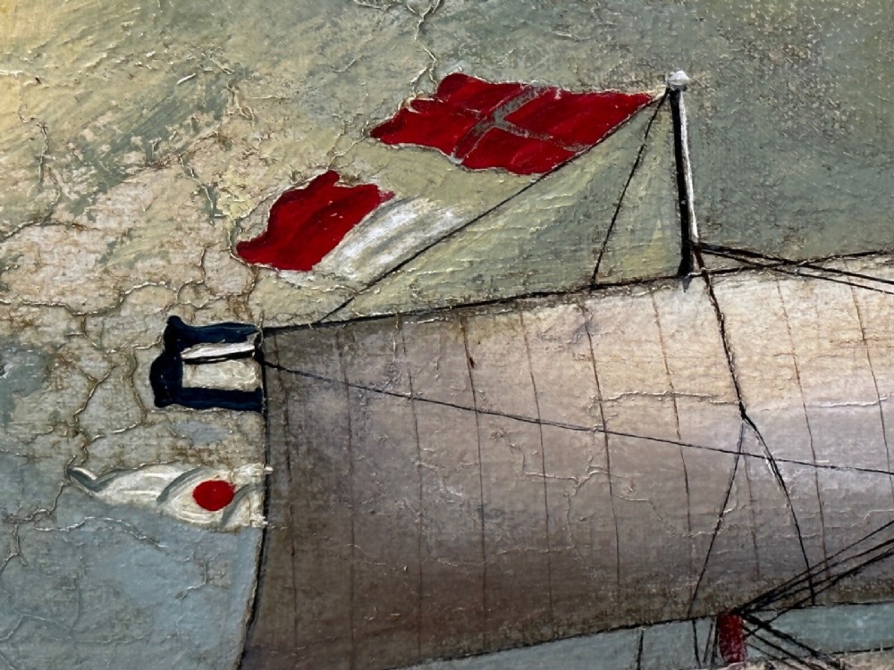 A framed oil painting depicting a full-rigged clipper ship sailing on dark green sea waves under a clouded sky. View VIII