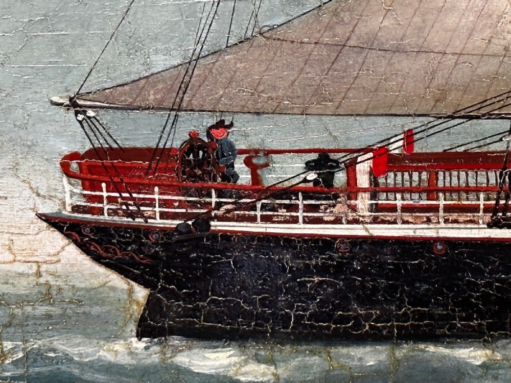 A framed oil painting depicting a full-rigged clipper ship sailing on dark green sea waves under a clouded sky. View IX