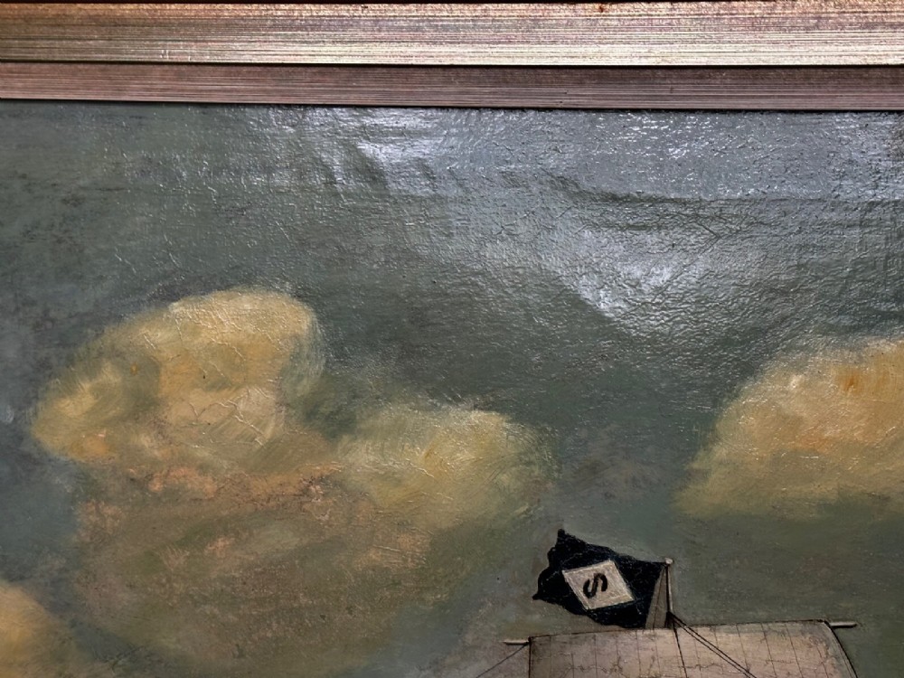 A framed oil painting depicting a full-rigged clipper ship sailing on dark green sea waves under a clouded sky. View XIII
