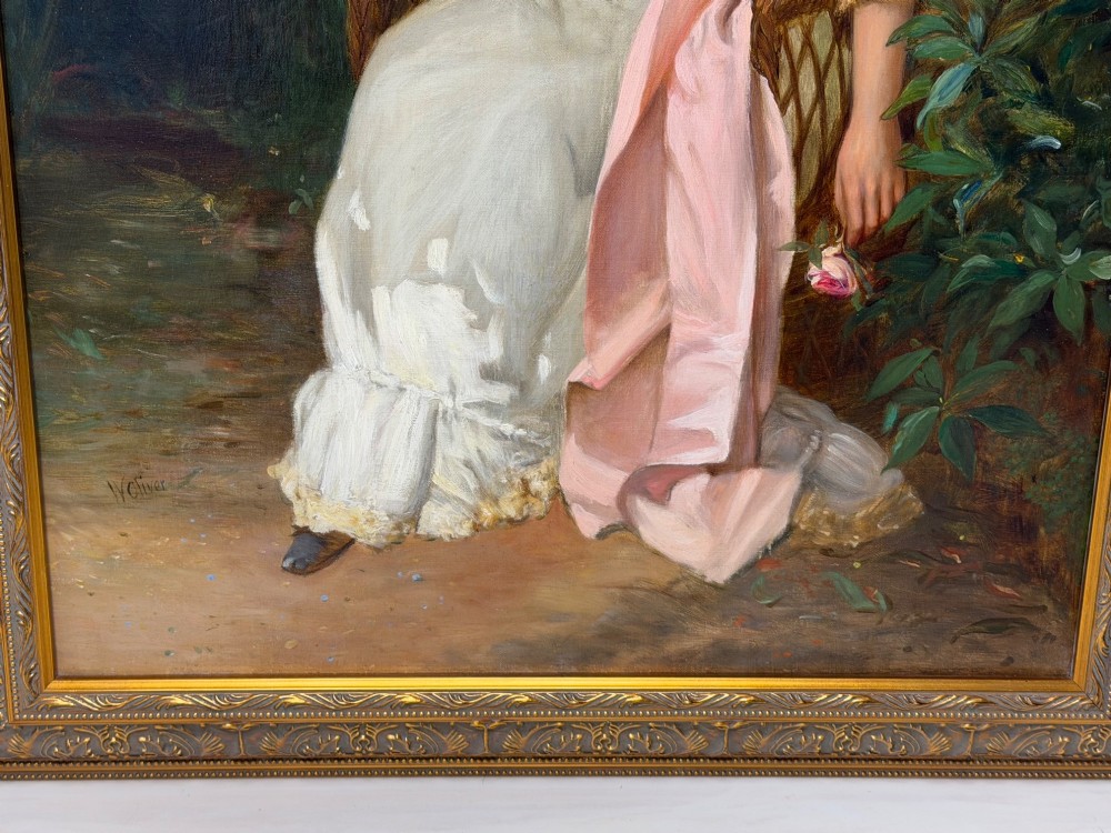 An antique oil painting depicting a seated woman in a white dress holding a red parasol, presented in an ornate carved gilded frame. View II